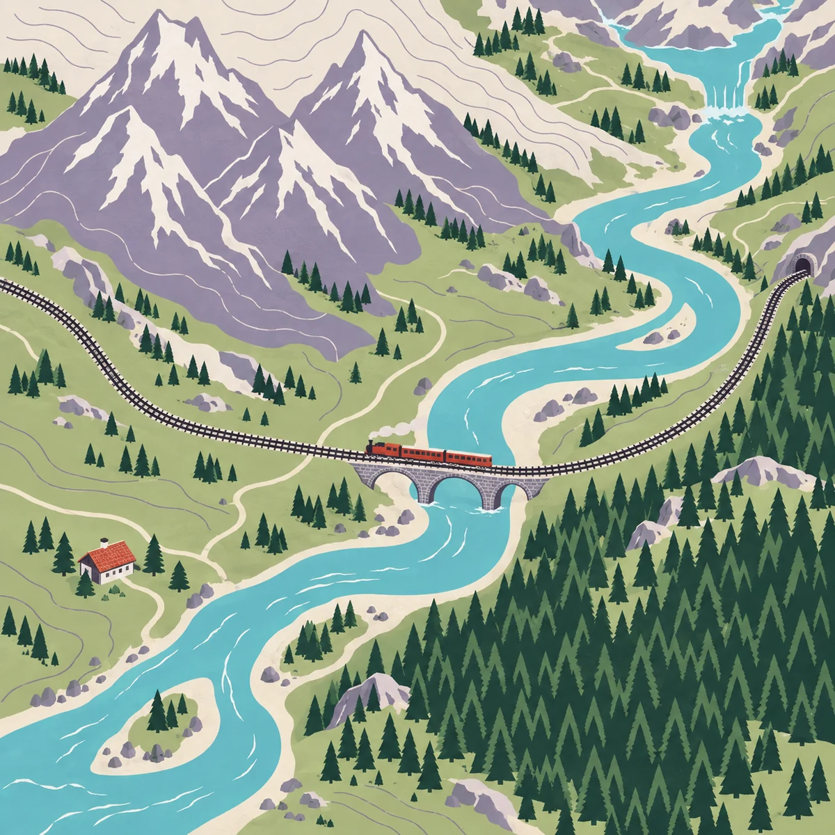 鉄道と雪山の山岳図