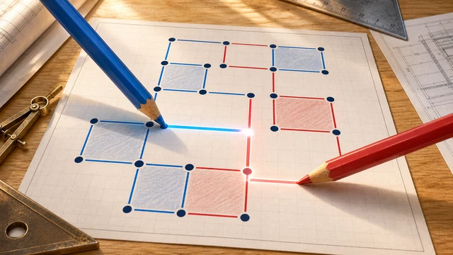 明るい製図工房で青と赤の線を引くドット＆ボックス
