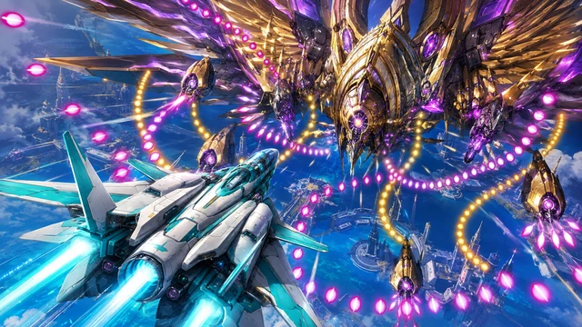 蒼い空を飛ぶ白い戦闘機と金紫の巨大ボス。6ステージの無料弾幕シューティング