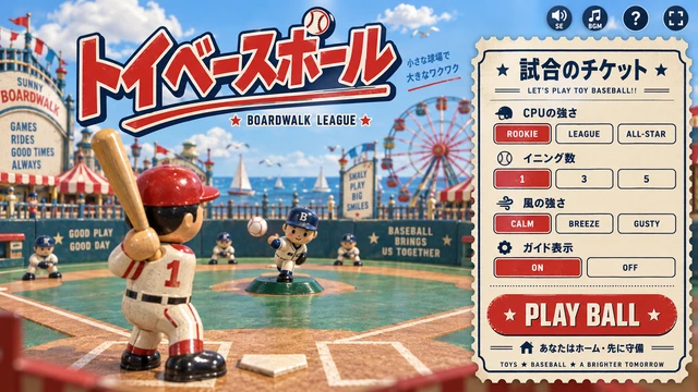 海辺遊園地の木製球場で打者と投手が勝負するトイベースボール