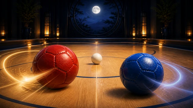 月明かりのコートで赤と青のボールが白いジャックを狙うMOONLIT BOCCIA