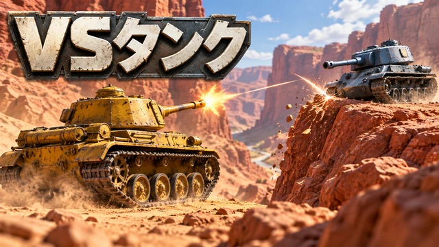 赤岩峡谷でクリーム色と赤色の戦車が反射砲撃を交わすVSタンク