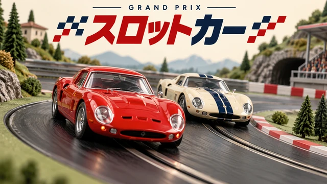 1960年代の模型工房で赤と青緑の車がコースを競うスロットカー