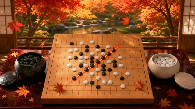紅葉の茶亭で黒石と白石を並べる五目ならべ
