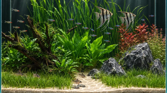 水草と流木、石で組んだ水槽を、エンゼルフィッシュとネオンテトラの群れが泳ぐ。無料3Dアクアリウム