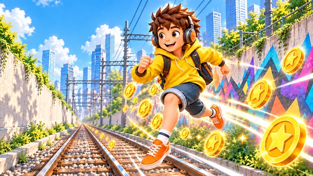 晴れた空の下、コインが続く線路の上を駆ける黄色いパーカーの少年。無料3Dエンドレスラン