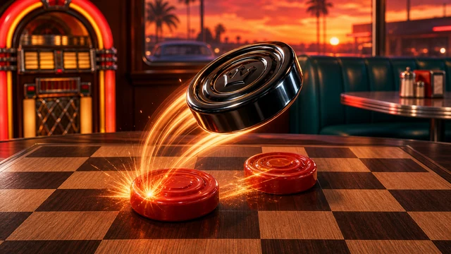 夕暮れのダイナーで赤と黒の駒が競うチェッカー
