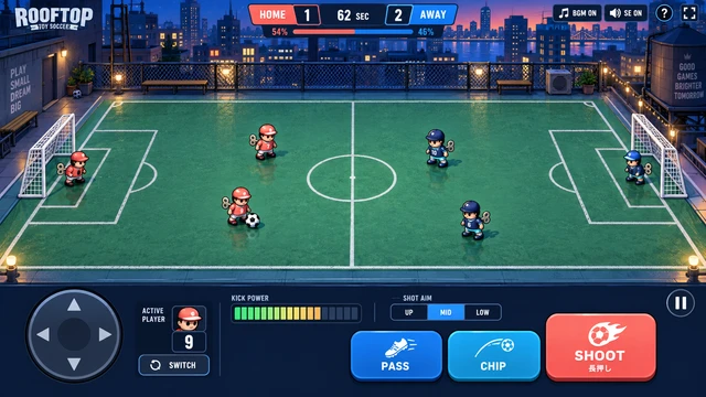 ネオンの屋上ピッチで巻き鍵選手が3対3を戦うトイサッカー