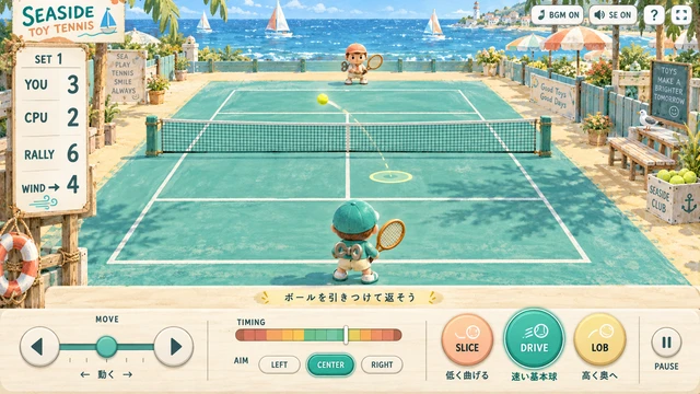 海辺のミニチュア競技場で巻き鍵選手がラリーするトイテニス