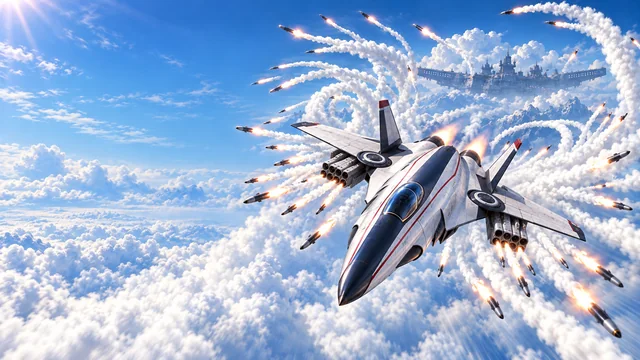 雲海の上で大量の追尾ミサイルを一斉発射する白い戦闘機と白い飛行機雲。無料3D空中戦シューティング