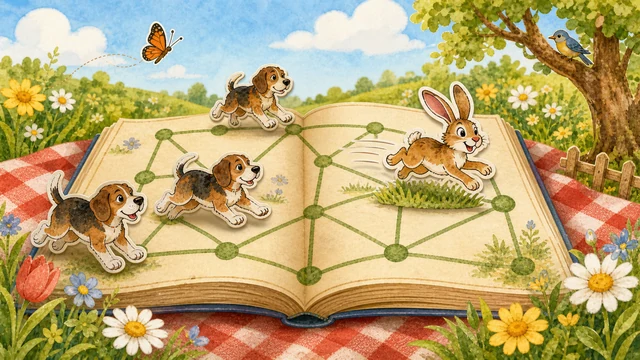 春の水彩絵本の道をウサギが3匹の猟犬から逃げるゲーム