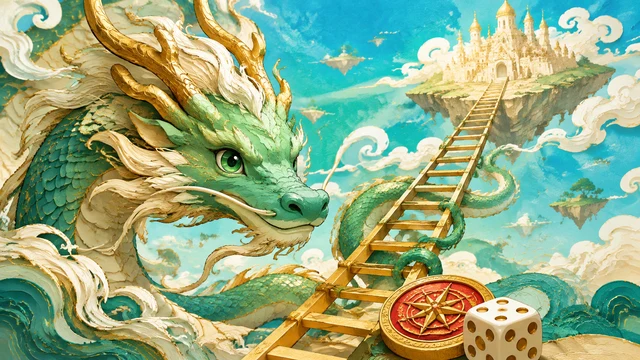 水彩の空の絵本、竜とはしごの100マスを4色の旅人で進むすごろく
