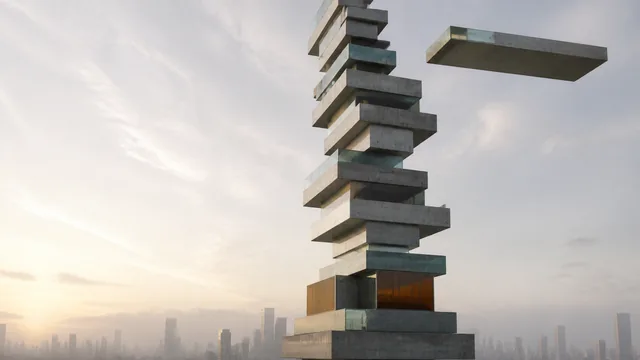 夕焼けの街を背景にカラフルなブロックを積み上げるタワースタック