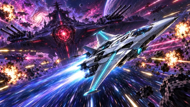 ネオンに輝く巨大旗艦と戦闘機が撃ち合う宇宙空間。ワープアウトから始まる無料3Dシューティング
