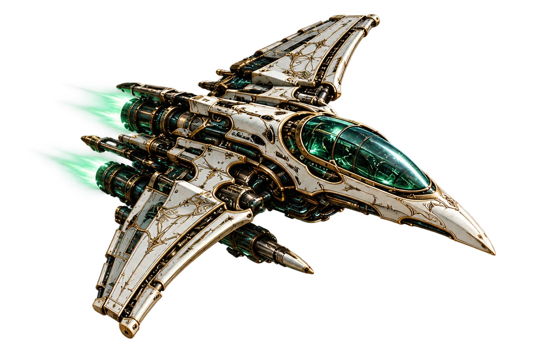 翡翠の光を放つ白い戦闘機