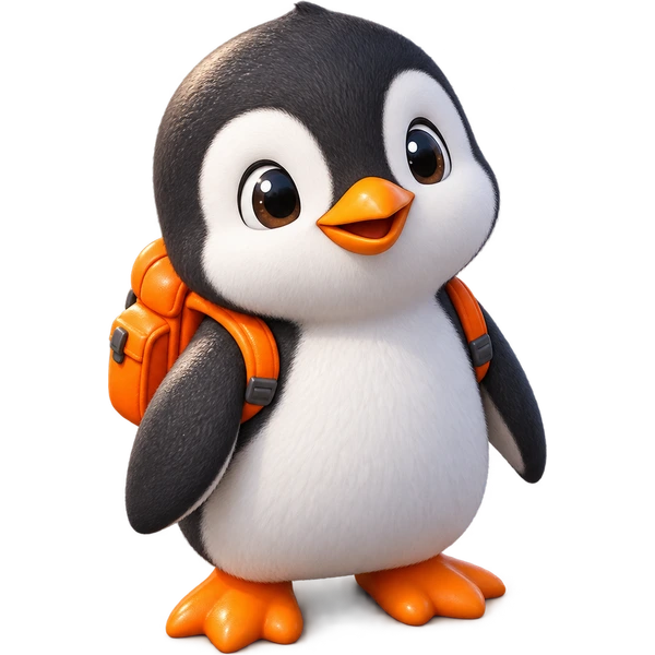 オレンジのリュックを背負ったペンギン