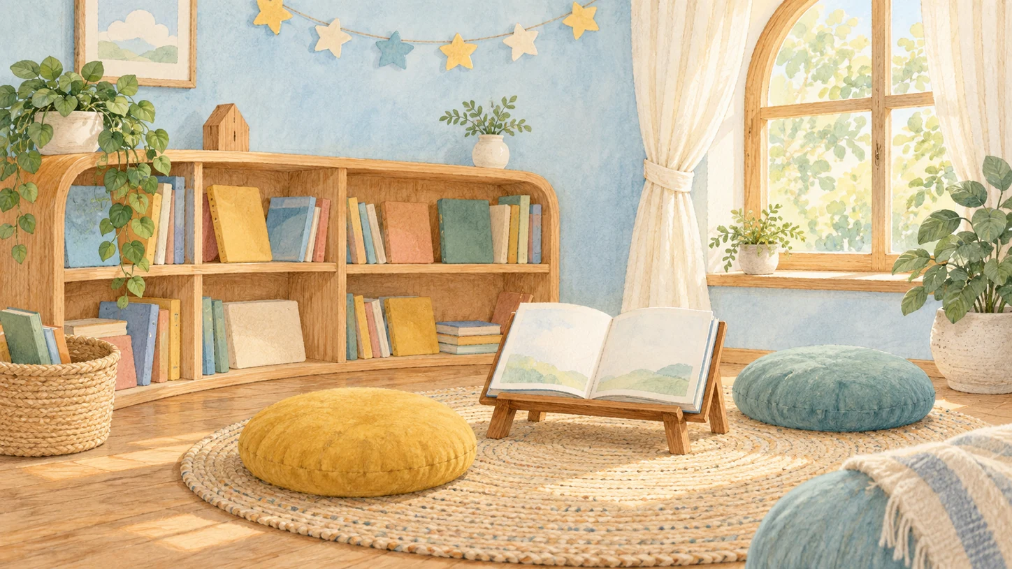 木の本棚とクッションがある、日だまりの読書コーナー
