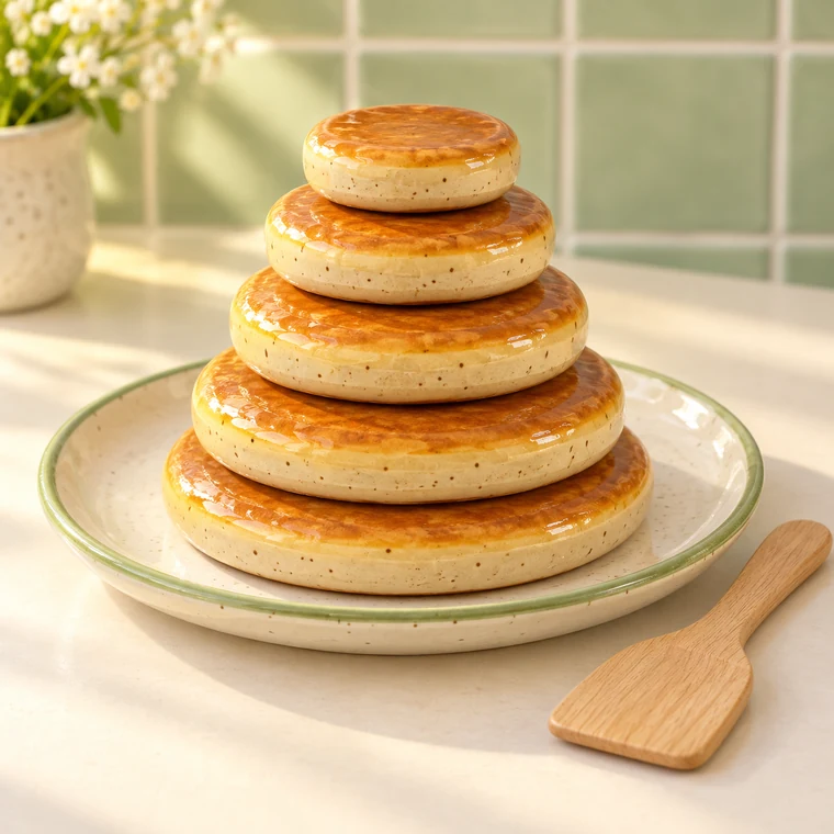 小さい順に重なった陶器のパンケーキとお皿