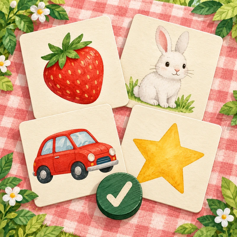 いちご、うさぎ、車、星の絵札とチェックのこま