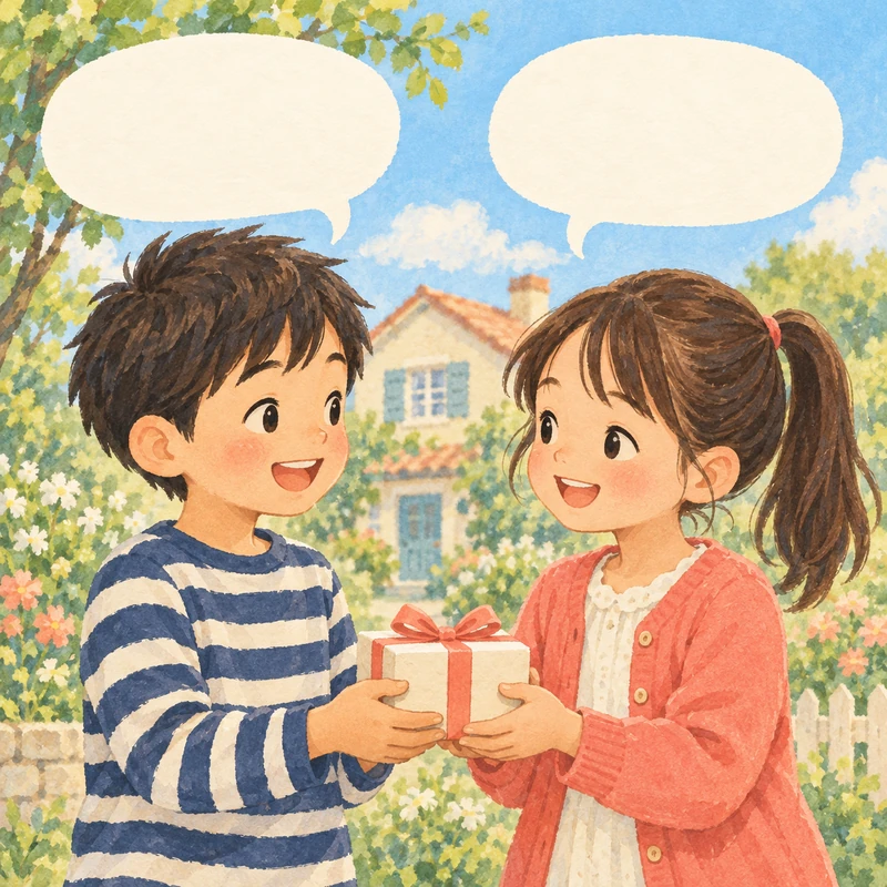 プレゼントを渡す子どもたちと、空のふきだし