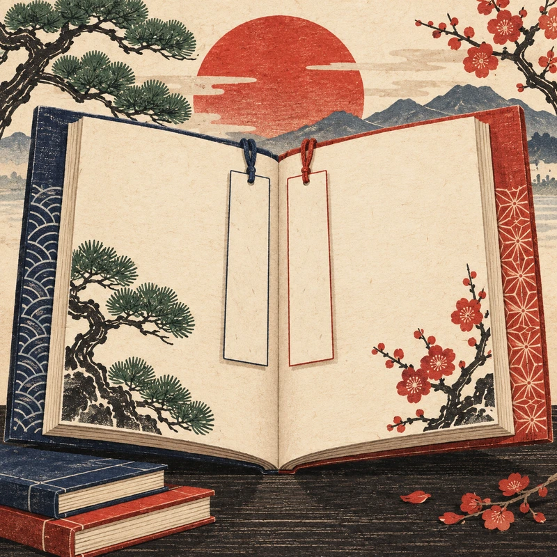 藍と朱のしおりをはさんだ和紙の本