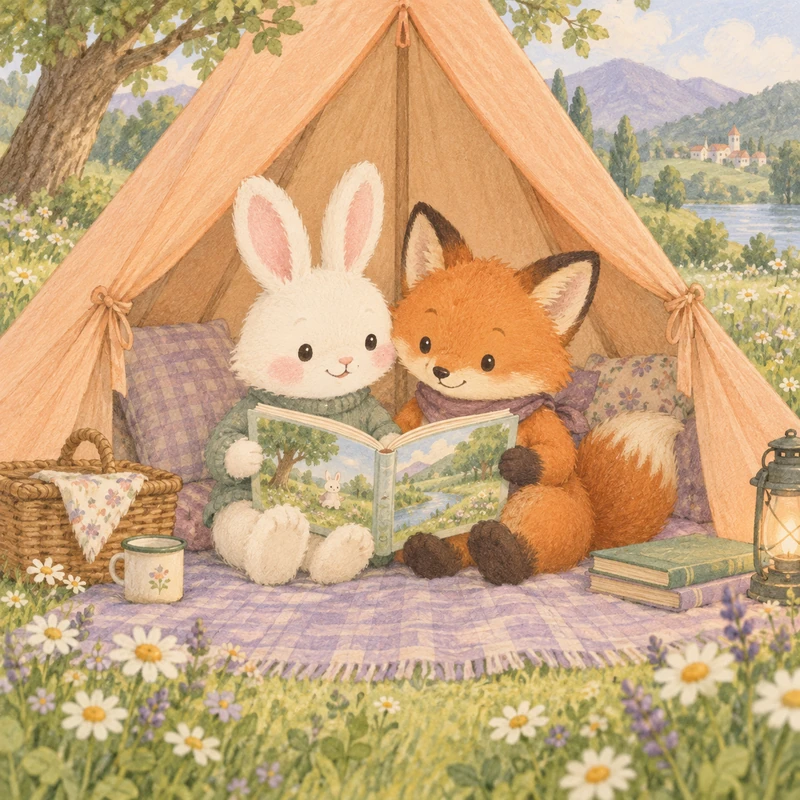 テントで一緒に本を読むうさぎときつね