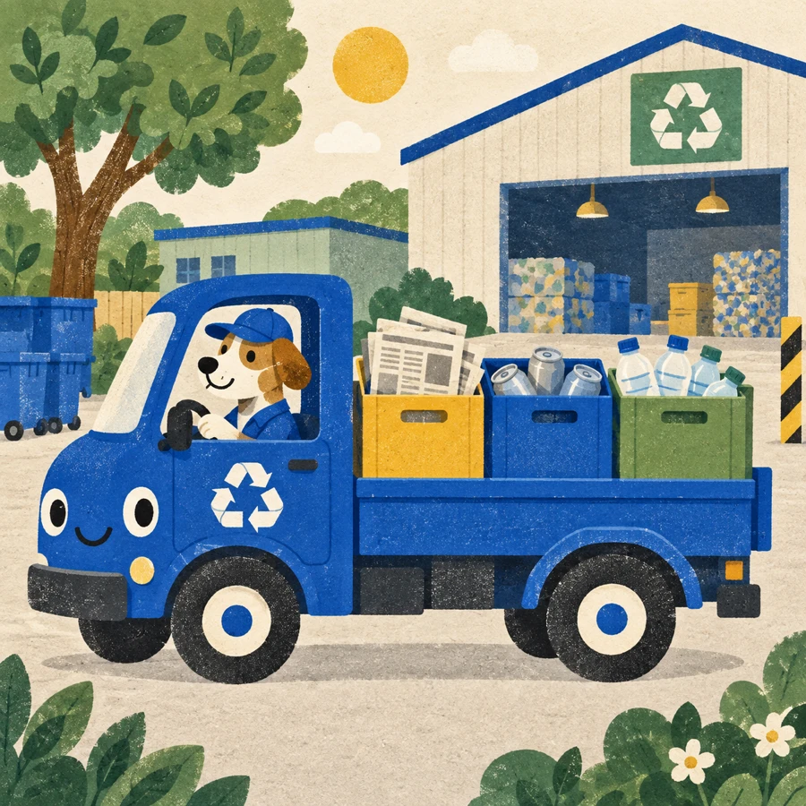 紙・缶・プラスチックを運ぶ、青いトラックと犬の運転手