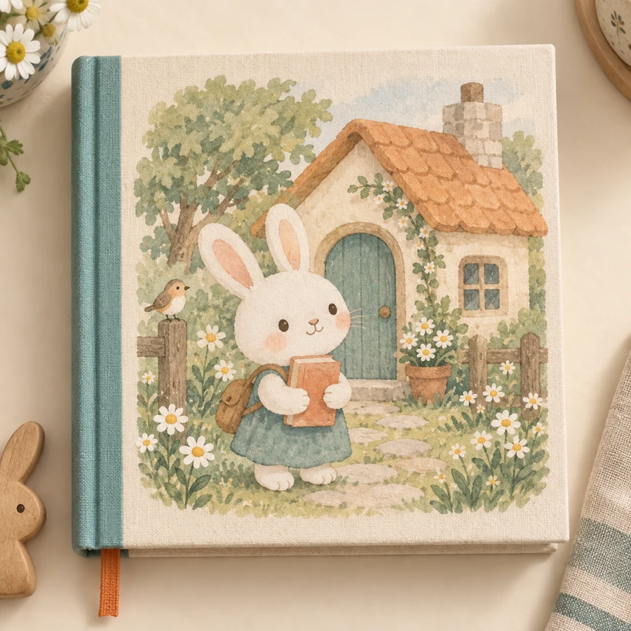 小さな家の前で本を持つうさぎが描かれた、布張りの絵本