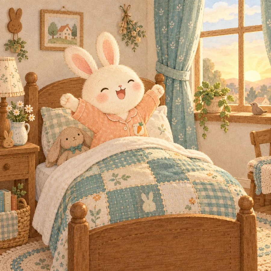 朝、うさぎがベッドで起きる絵