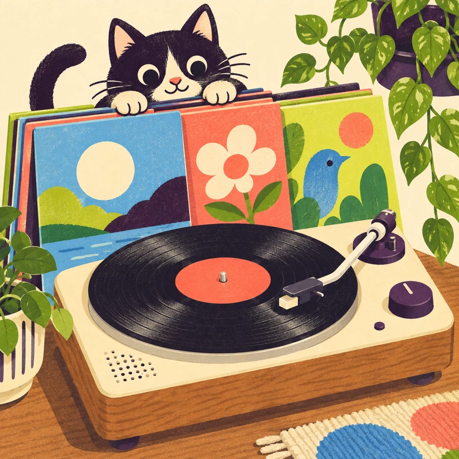ねこがのぞくカラフルなレコードとプレーヤー