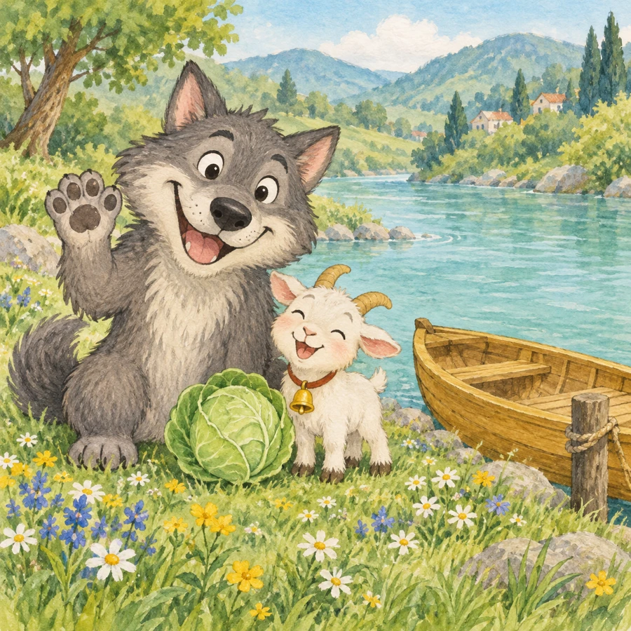 川の向こう岸に着いたおおかみとやぎ、キャベツ
