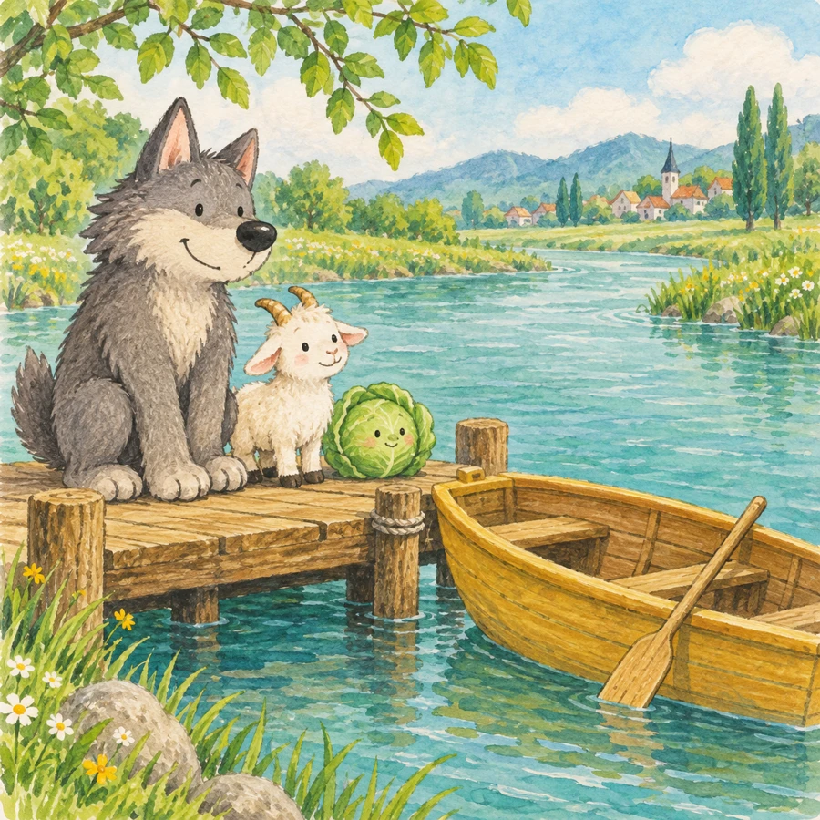 おおかみとやぎ、キャベツが船着き場で待っている絵
