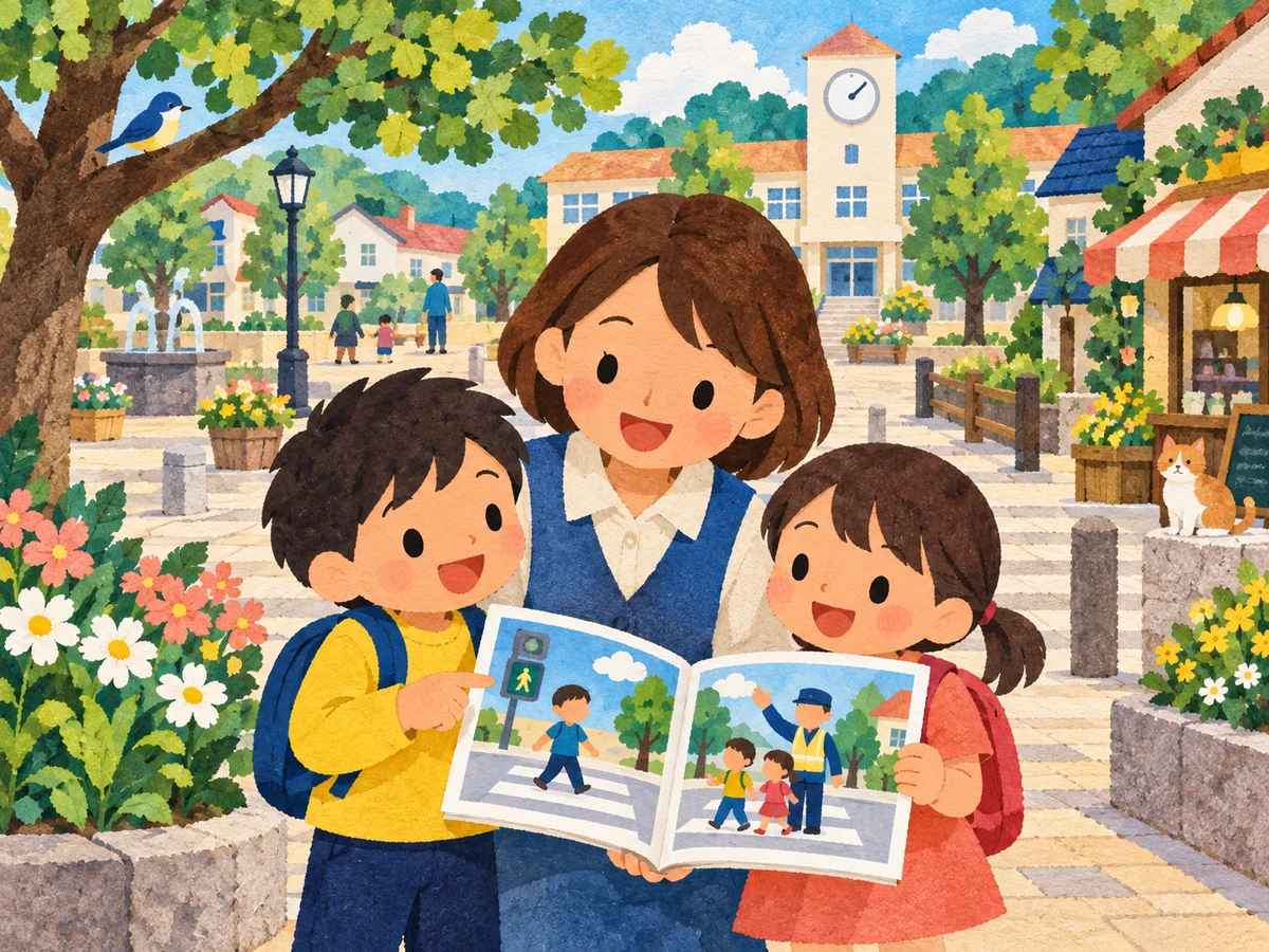 町の広場で、大人と子どもが安全の絵本を見ている