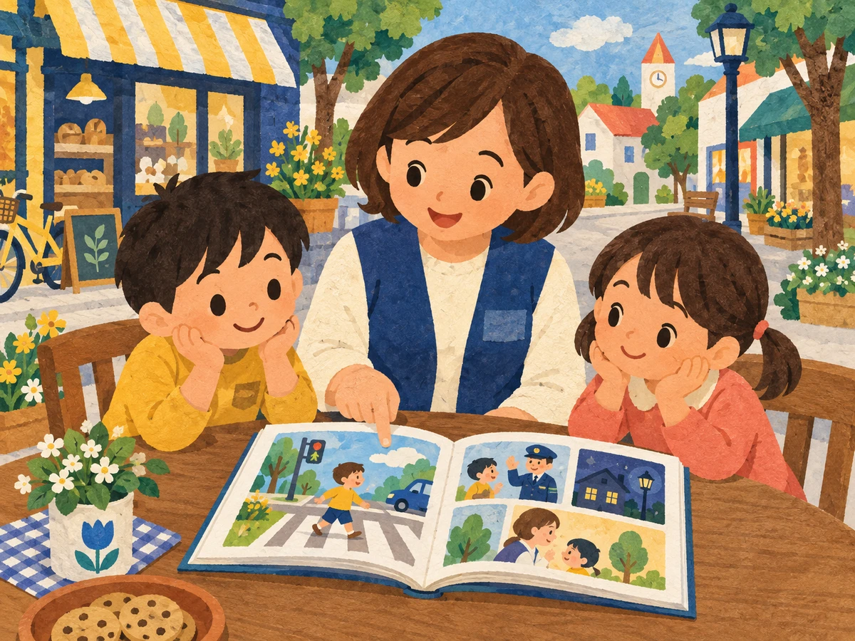 大人と子どもが一緒に安全ノートを振り返っている