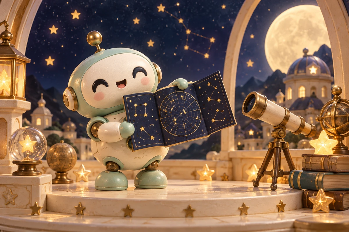 星空のノートを広げて喜ぶロボット
