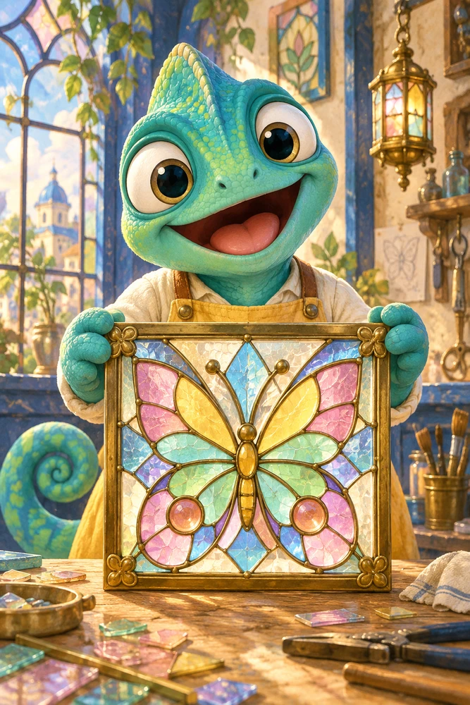 完成したガラスの作品を喜ぶカメレオン職人