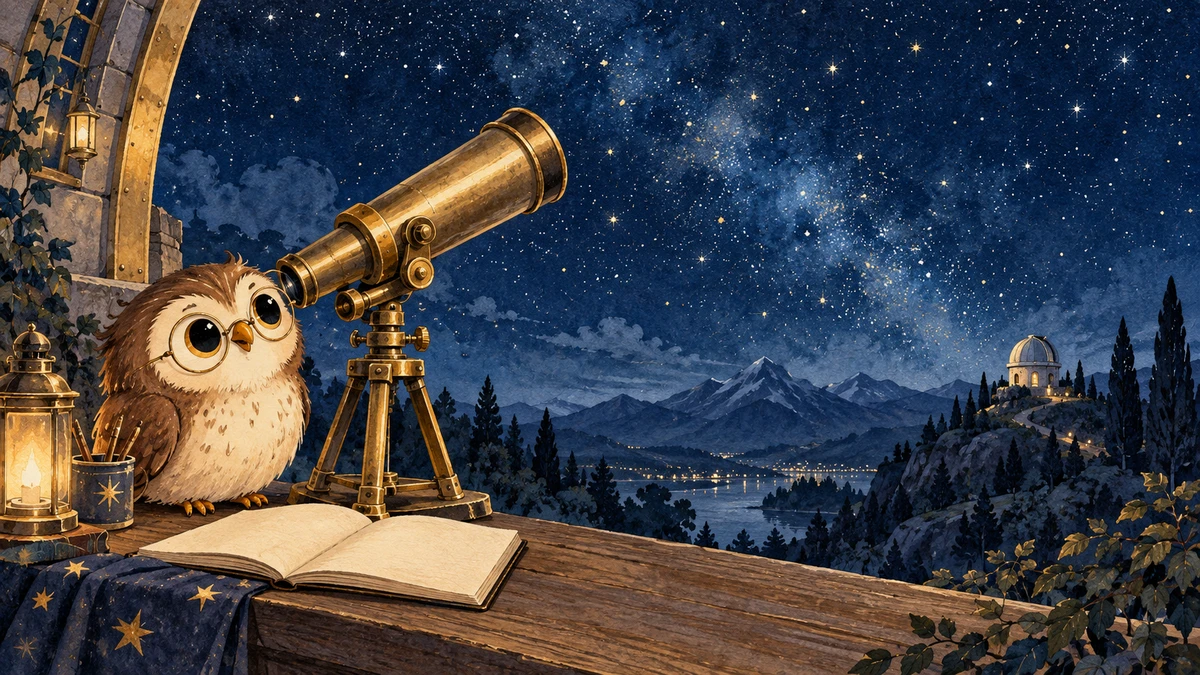 星空の丘に立つ望遠鏡と小さなふくろう観測員