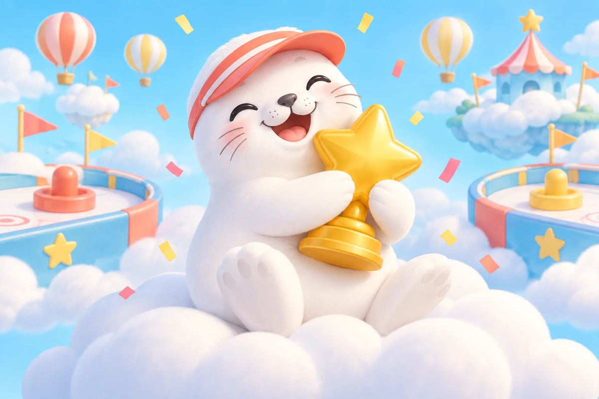 星のトロフィーを抱えて応援するアザラシ