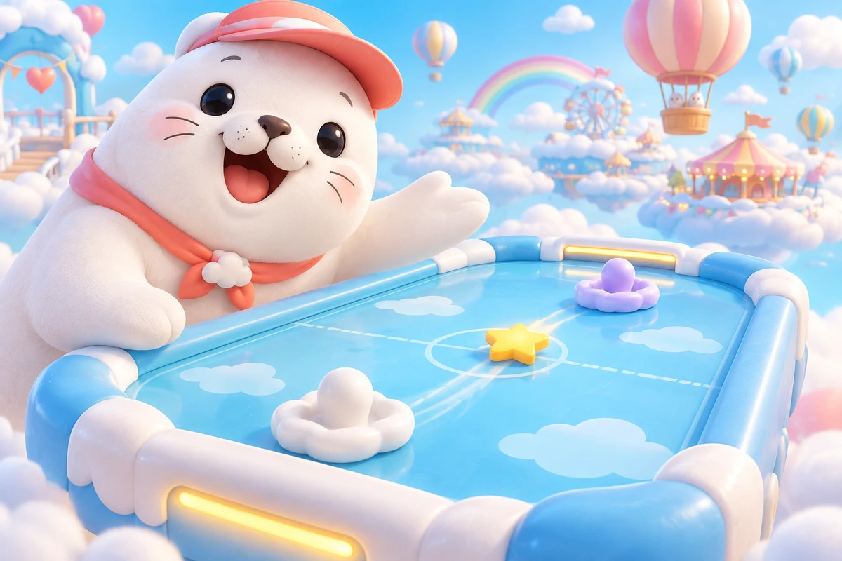 空の遊園地でホッケーへ案内するアザラシ