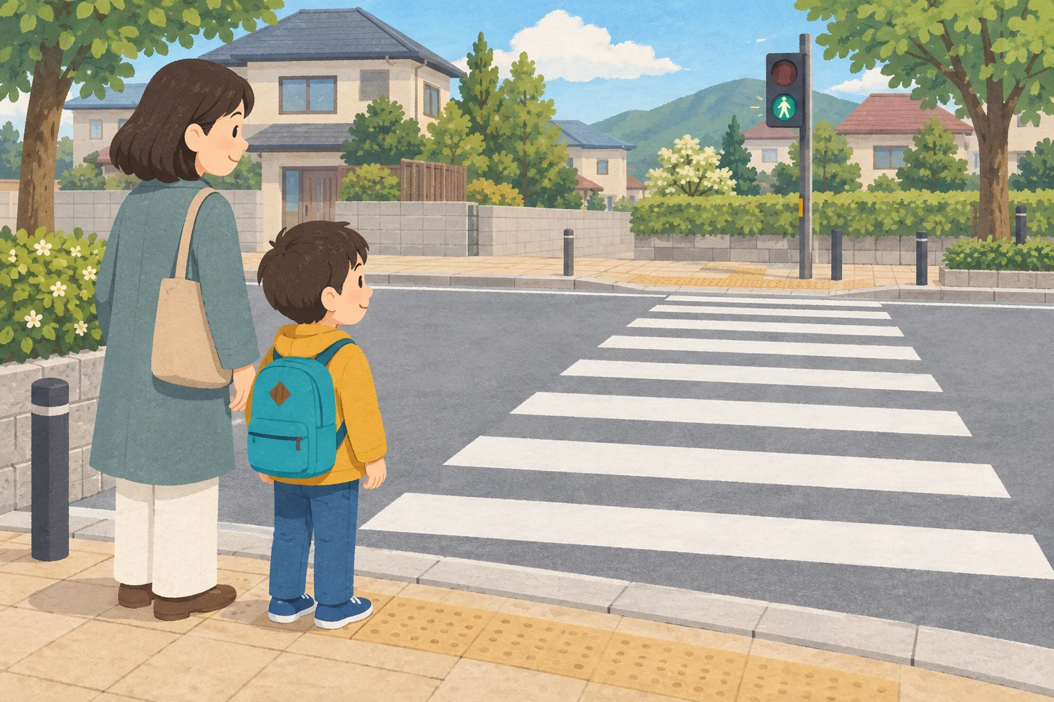横断歩道の手前で、大人と子どもが歩道に立っている街の風景。
