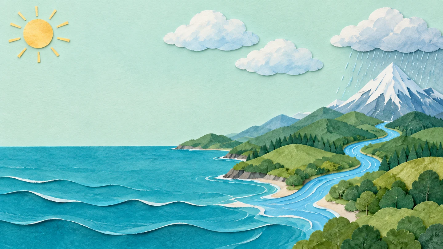 海と、雲、雨の降る山。川は山から海へつながっています。