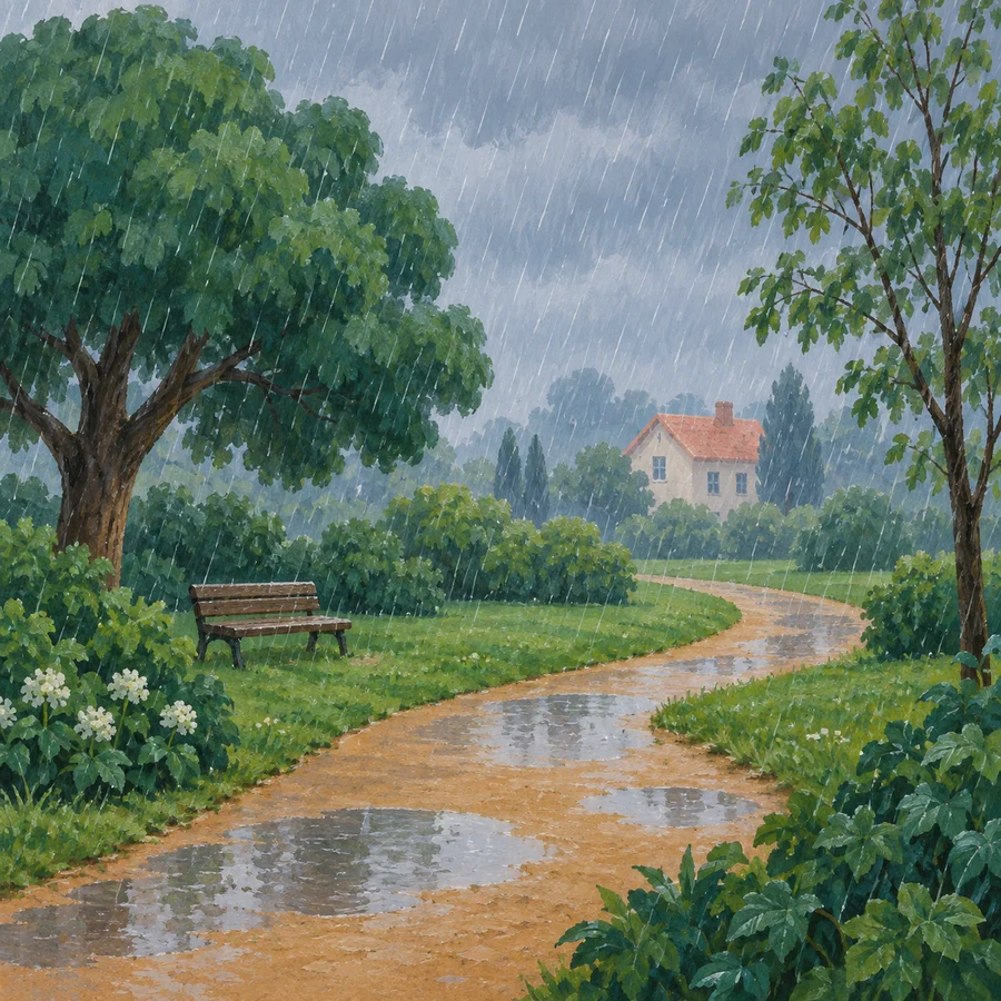 雨が降り、水たまりができた公園