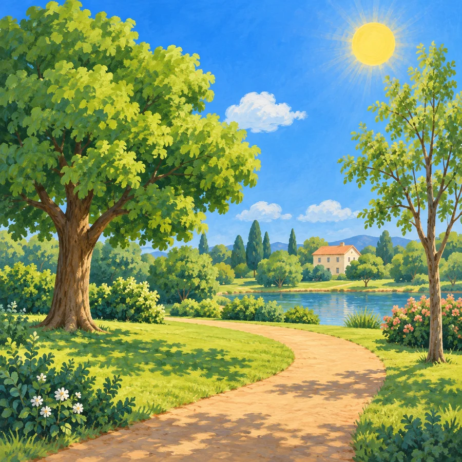 強い日ざしで明るくなった公園。青空に太陽が出ています。