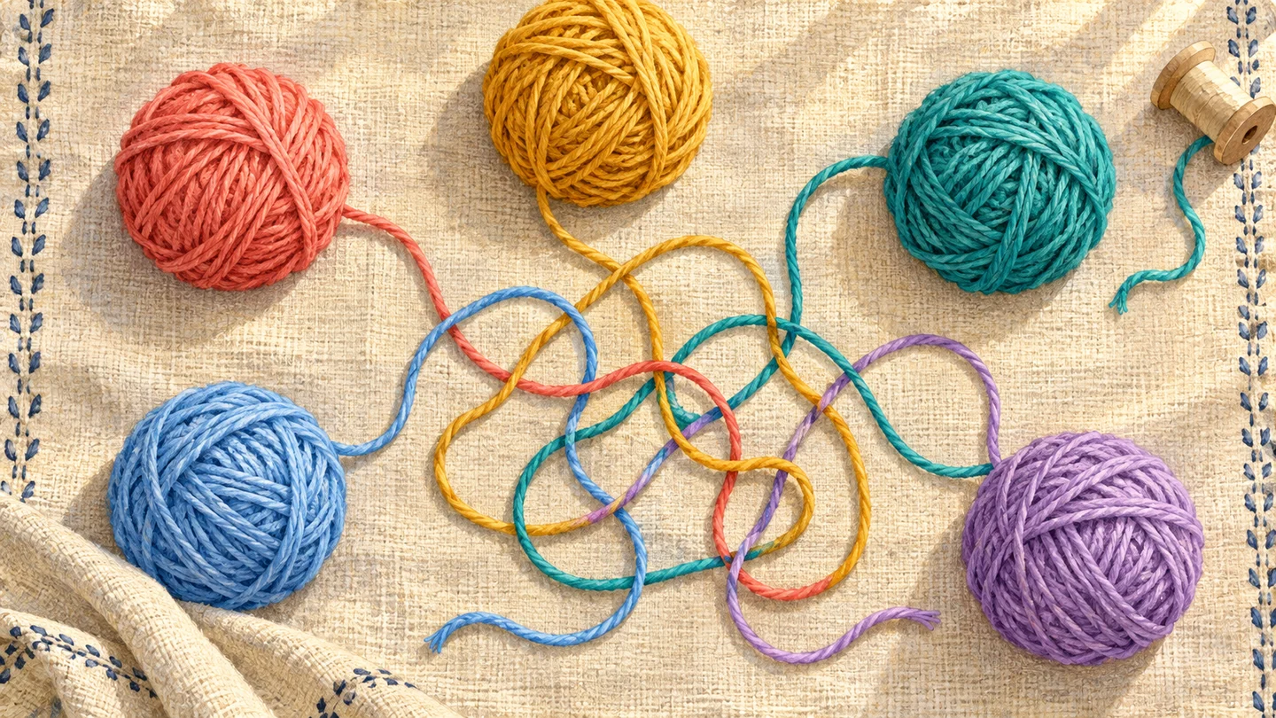 布の上に並ぶ5色の毛糸玉と、からまった糸